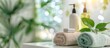 Spa Background: Toiletries, soap, towel and green plant on blurred white bathroom.