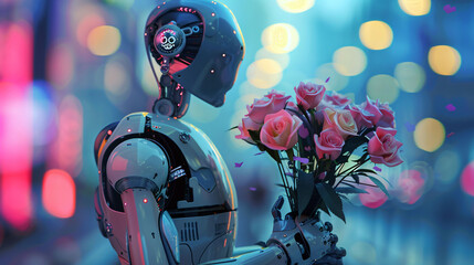 Wall Mural - photo of an ai robot with flowers in background