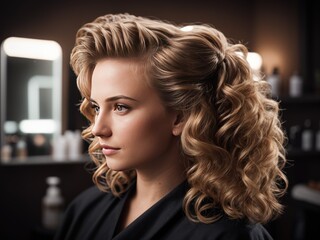 Portrait of a beautiful girl model blonde curly hair in hair salon spa