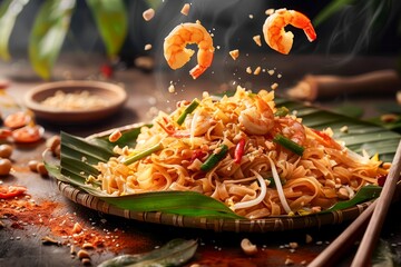 Delicious Pad Thai Noodles with Shrimp Tossed in Air on Banana Leaf and Wooden Table Traditional Thai Cuisine Concept