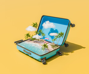 Sticker - Open Suitcase with a Miniature Tropical Beach Oasis