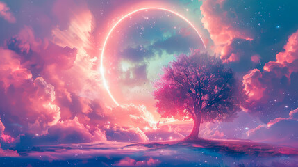 Wall Mural - Solitary tree on hill with cosmic ring and dreamy cloudscape. Vibrant fantasy sky with pink and purple hues. Cosmic and dream concept for wall art, meditation background, and fantasy illustration