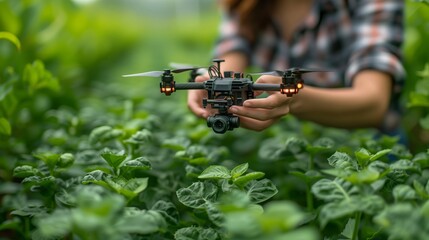 Poster - Hand-Launching a Small Drone Over Lush Green Farmland