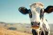 An up-close view of a soulful dairy cow with gentle brown eyes against rolling hills and a clear blue sky, symbolizing the bond between humans and animals in milk production.