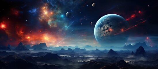 a scene of celestial bodies such as planets and stars scattered across the vast expanse of the night