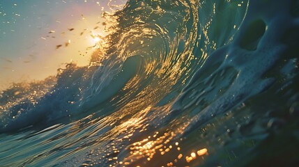 Poster - Golden sunset waves glimmering in the ocean, perfect for backgrounds and wallpapers. serene scenic nature shot. calm and inspiring sea wave close-up. AI