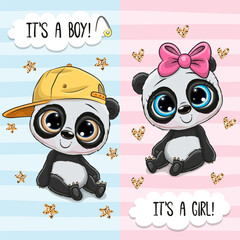 Canvas Print - Cute Pandas boy and girl