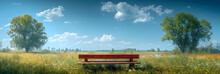 Picnic Table On A Green Meadow Under A Blue Sky,
A Bench In A Field With A Cloudy Sky Behind It
