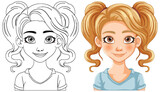 Fototapeta Dinusie - Vector illustration of a girl, line art and colored version.