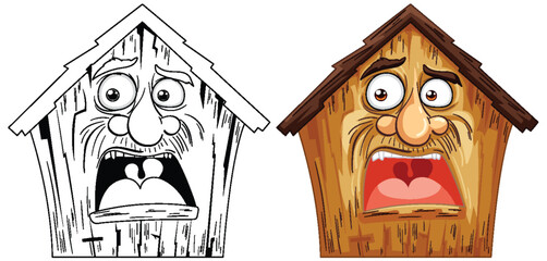 Poster - Two houses with human-like facial expressions.