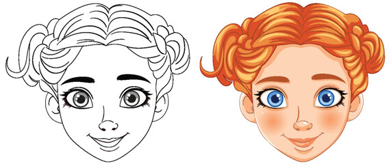 Wall Mural - Vector illustration of a girl's face, before and after coloring.