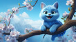 cartoon 3d illustration A blue cat on a tree branch