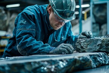 Poster - Dedicated technician in a blue uniform working meticulously in a workshop