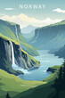 Norway travel poster with spectacular view fjords. Ai generated image