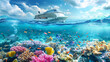 Cruise Ship in the sea reef with coral and various fishes under water at summer