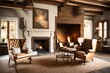 Vintage wing chairs by fireplace. Farmhouse home interior design of modern living room.