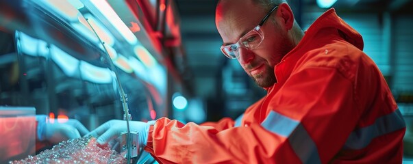 Poster - Focused technician in radiant red jumpsuit working with precision machinery in industrial environment