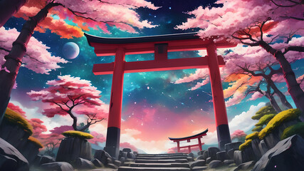 Sticker - Colorful Vibrant Anime Torii Gate Japanese Landscape with Sakura and Galactic Sky background