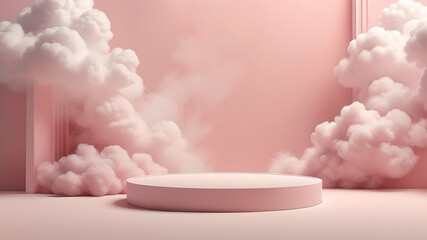 Wall Mural - Background podium pink 3d product sky platform display cloud pastel scene render stand. Pink podium stage minimal abstract background beauty dreamy space studio pedestal smoke showcase geometric white