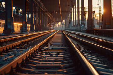 overground rail track on the iron pillars with a fast train, side view,