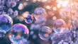 Floating flying soap bubbles. Purple color background.