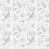 Fototapeta Kwiaty - Spring floral pattern with butterflies, bees and ladybugs. Seamless flowers background
