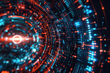 Fototapeta Perspektywa 3d - close up horizontal image of digital futuristic technology abstract background, red and blue led in a circular shape