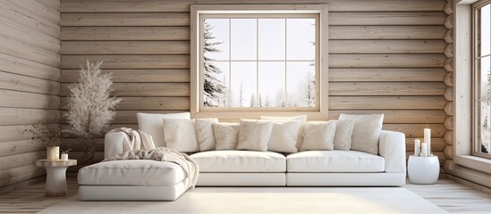 Wall Mural - An image focusing closely on a sofa situated in a room illuminated by a window