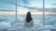 Woman immersed, captivated, meditation looking through window in cozy minimalist bedroom above the clouds and sky. Dreamy scene with sea of clouds, copy space for text