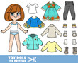 Cartoon brunette girl  with short bob and clothes separately  -  long sleeve, dress, insulated jacket, jeans and boots