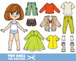 Cartoon brunette girl  with short bob and clothes separately  -  long sleeve, shorts, breeches with pockets, casual dress, jeans and boots