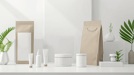 still life of various blank containers and packaging for skin care cosmetics, mockup 