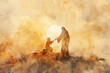 Jesus reaching out his hand to man and forgive and bless him In the sunrise rays, watercolor painting in warm gold colors
