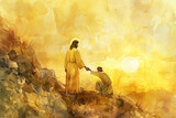 Fototapeta Krajobraz - Jesus reaching out his hand to man and forgive and bless him In the sunrise rays, watercolor painting in warm gold colors