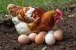 A hen laying eggs on the ground