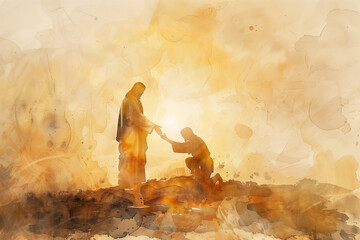 Wall Mural - Jesus christ extending a helping hand in watercolor Illustration