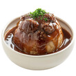 front view of Kidney Pudding with lamb kidneys in a rich gravy encased in a steamed suet pudding, served in a classic British pudding bowl, isolated on a white transparent background
