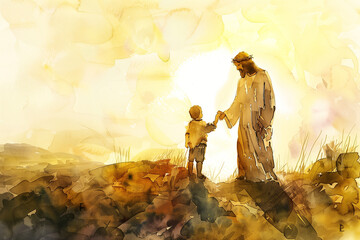 Wall Mural - Jesus Holding a child's hand,hHe takes it with him, forgive and bless him In the sunrise rays, watercolor painting in warm gold colors