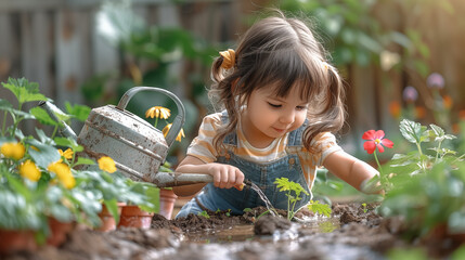 Wall Mural - Cute little girl watering the flowers in the garden at home