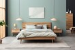 modern bedroom with a wood bed and mint walls, in the style of dark azure and beige