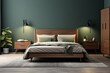 modern bedroom with a wood bed and navy blue walls, in the style of dark azure and beige
