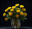 bouquet of yellow dandelions in a vase on a dark background.