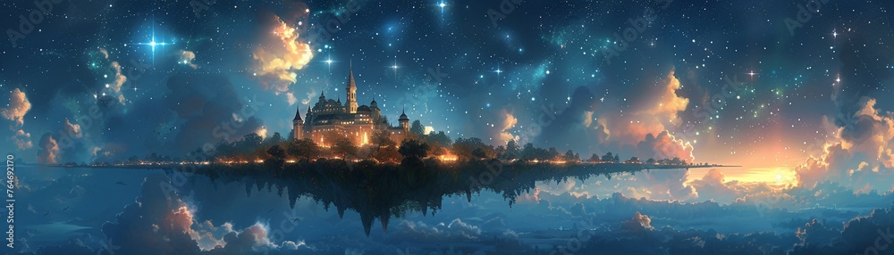 Fantasy city on a floating island, night sky filled with glowing ...
