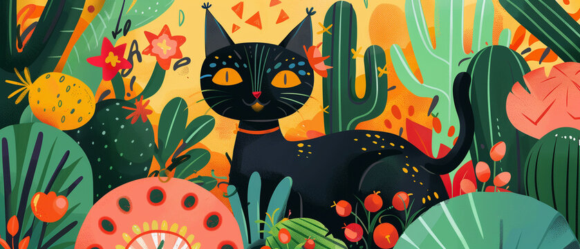 Smiling black cat with yellow eyes in cactus jungle. Flat illustration for Cinco de Mayo day. Banner 7:3
