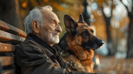 A Happy elderly man sitting peacefully on park bench with his loyal German Shepherd