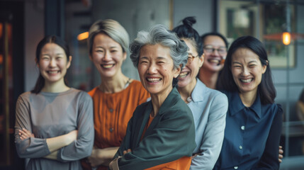 A group of joyful women standing together and smiling in a professional setting.