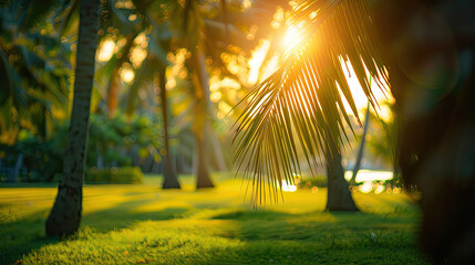 Wall Mural - Blur nature bokeh green park by beach and tropical coconut trees in sunset time.