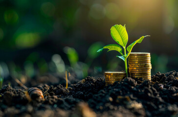 Wall Mural - Stacked coins and plant growing out of them