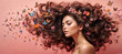 Surreal abstract woman portrait over head with flowers and butterflies.. Concept of environmental friendly and naturalness of cosmetic products banner.