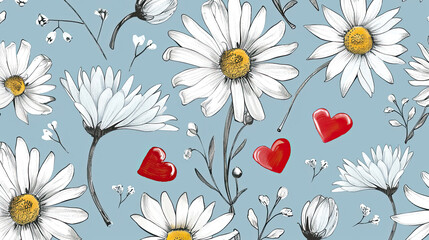 Wall Mural - Seamless patterns with daisy flower, meadow and hand drawn hearts on blue backgrounds vector illustration. Cute summer wallpaper.